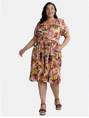Terra & Sky Floral Puff Sleeve Midi Dress 3X Belted V Neck